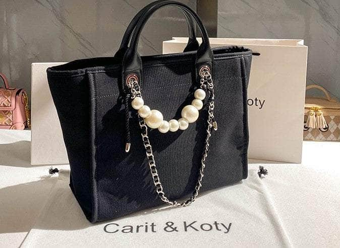 Pearl Chain Accented Basic Tote Handbag