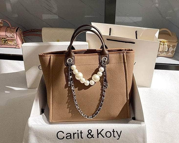 Pearl Chain Accented Basic Tote Handbag