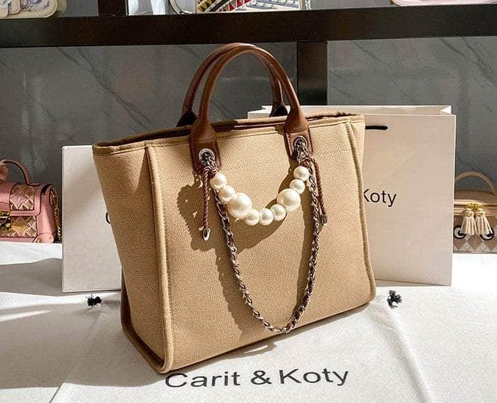 Pearl Chain Accented Basic Tote Handbag