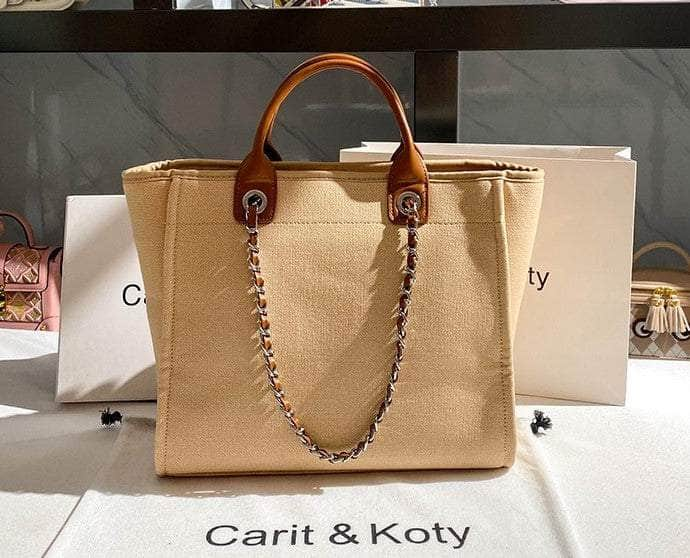 Pearl Chain Accented Basic Tote Handbag