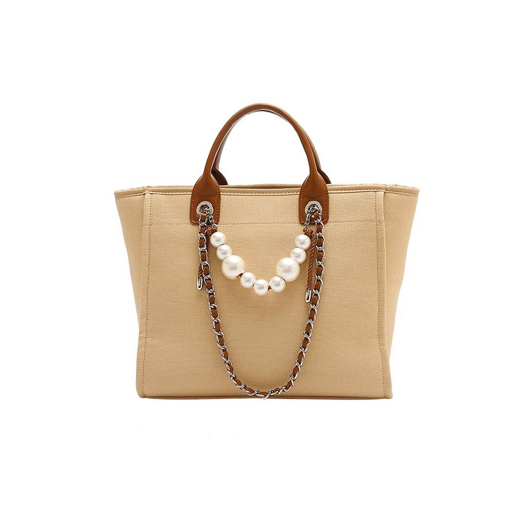 Pearl Chain Accented Basic Tote Handbag