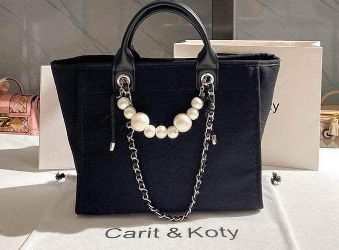 Pearl Chain Accented Basic Tote Handbag Black