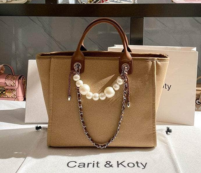 Pearl Chain Accented Basic Tote Handbag Brown