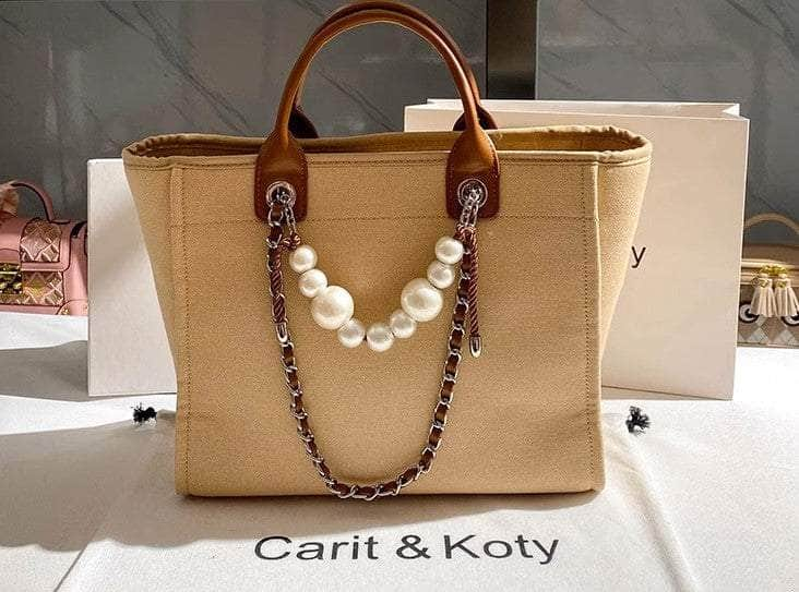 Pearl Chain Accented Basic Tote Handbag Caramel