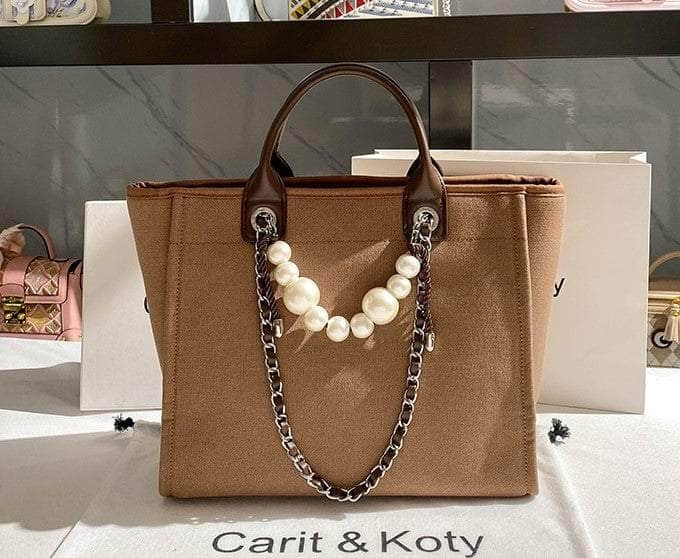 Pearl Chain Accented Basic Tote Handbag Coffee