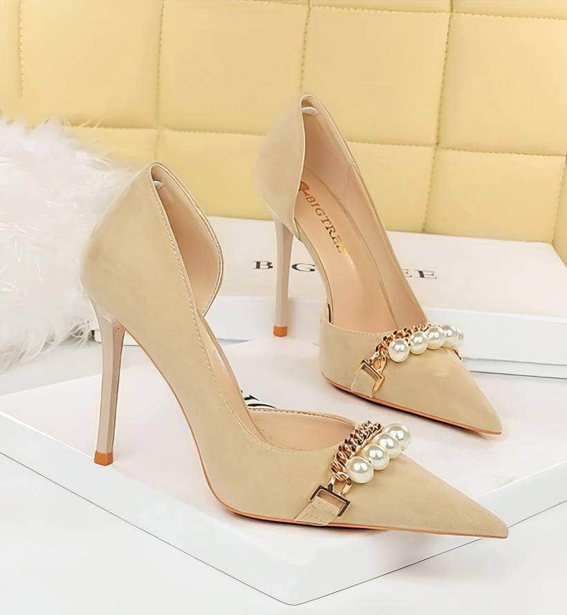 Pearl Chain Detailed Suede High Heels