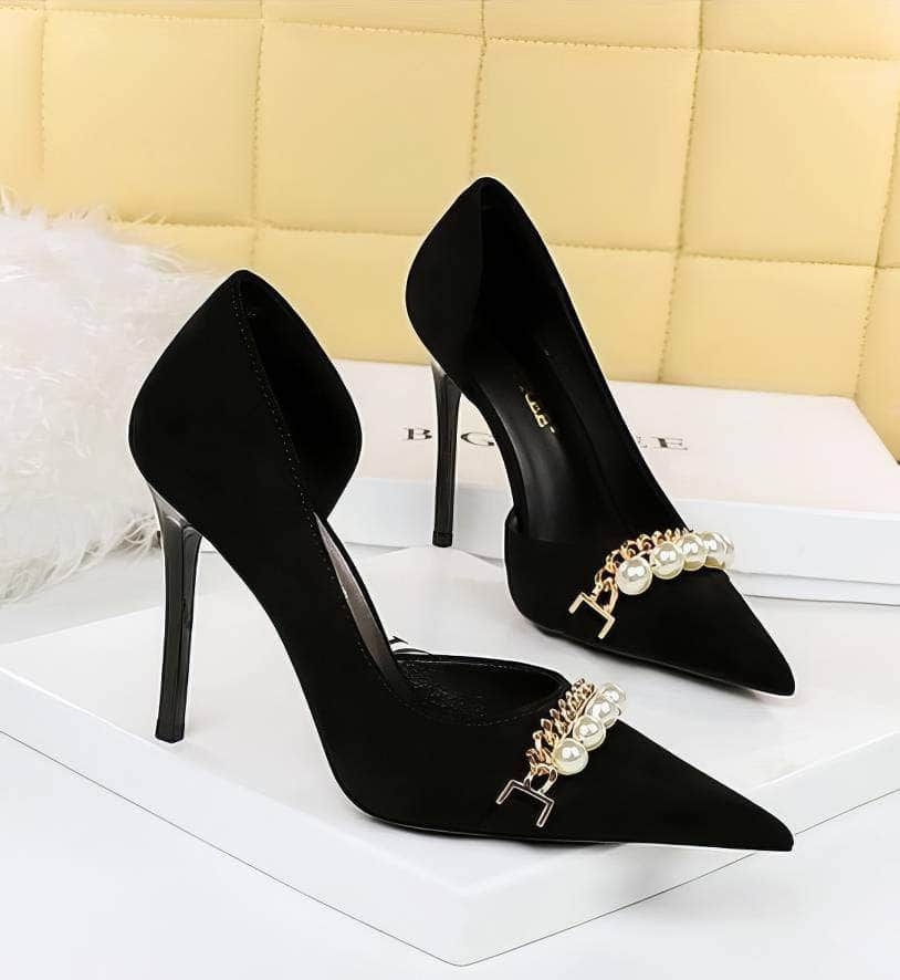 Pearl Chain Detailed Suede High Heels