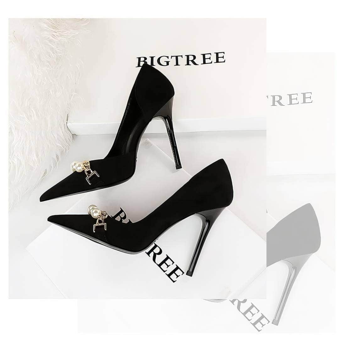 Pearl Chain Detailed Suede High Heels