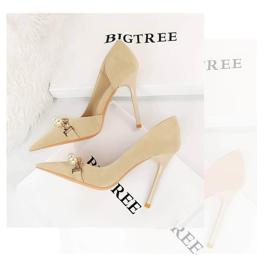 Pearl Chain Detailed Suede High Heels