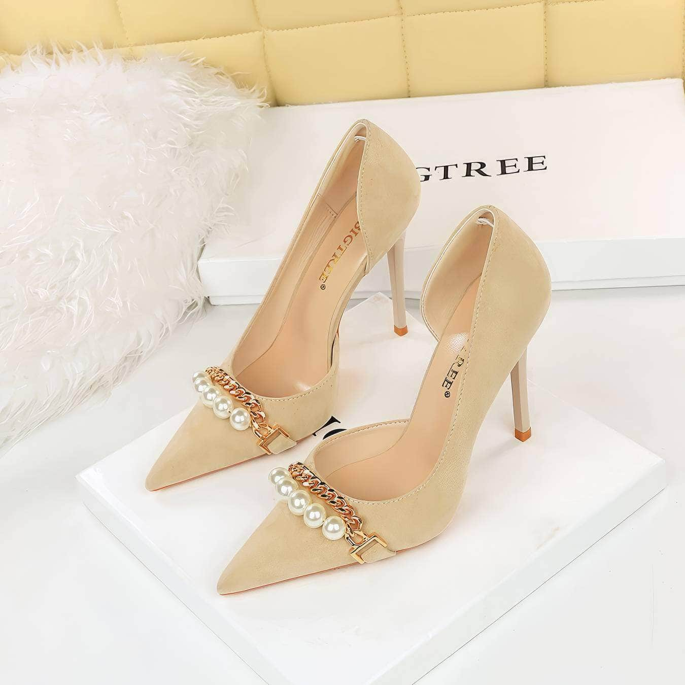 Pearl Chain Detailed Suede High Heels