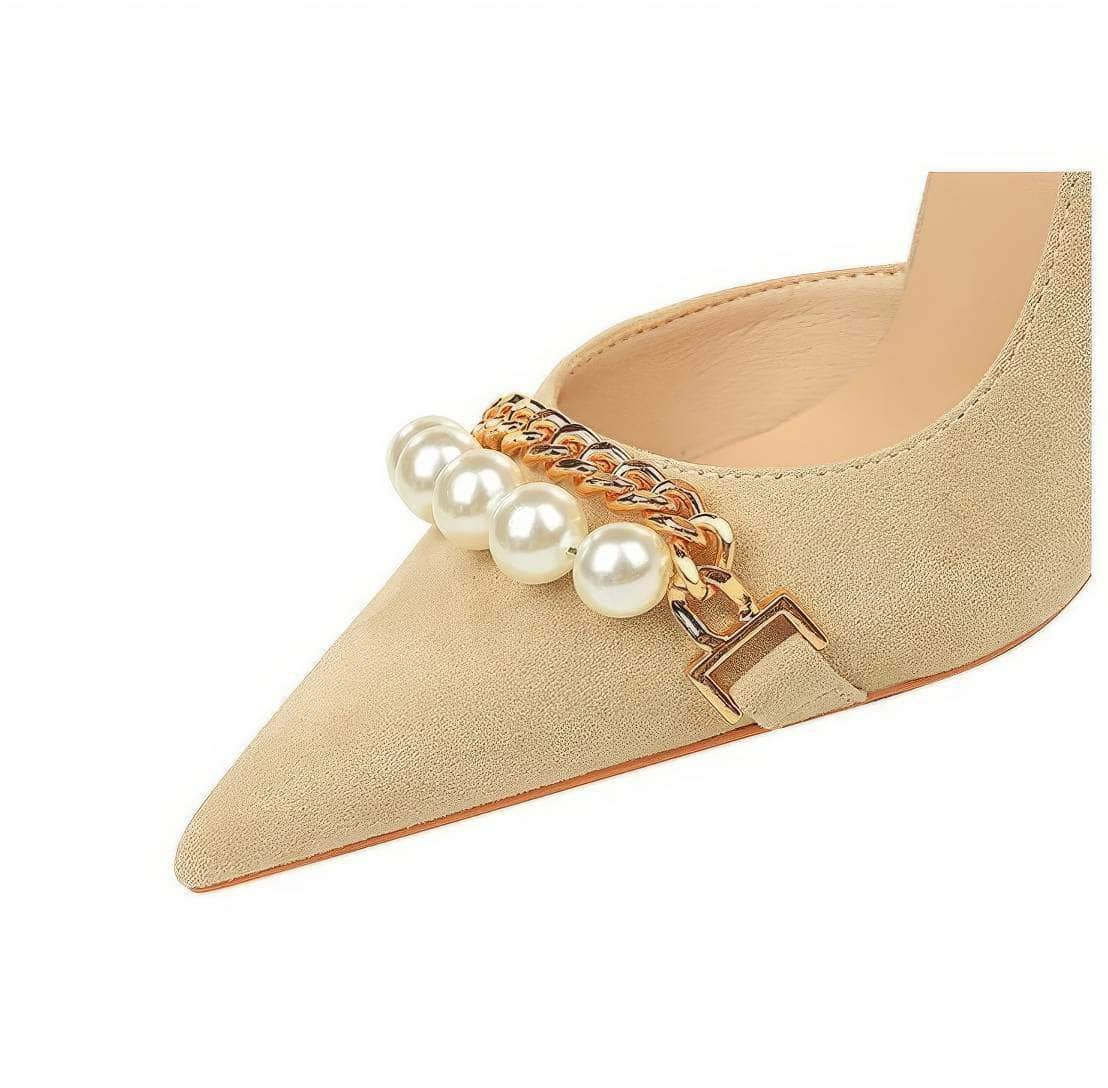 Pearl Chain Detailed Suede High Heels