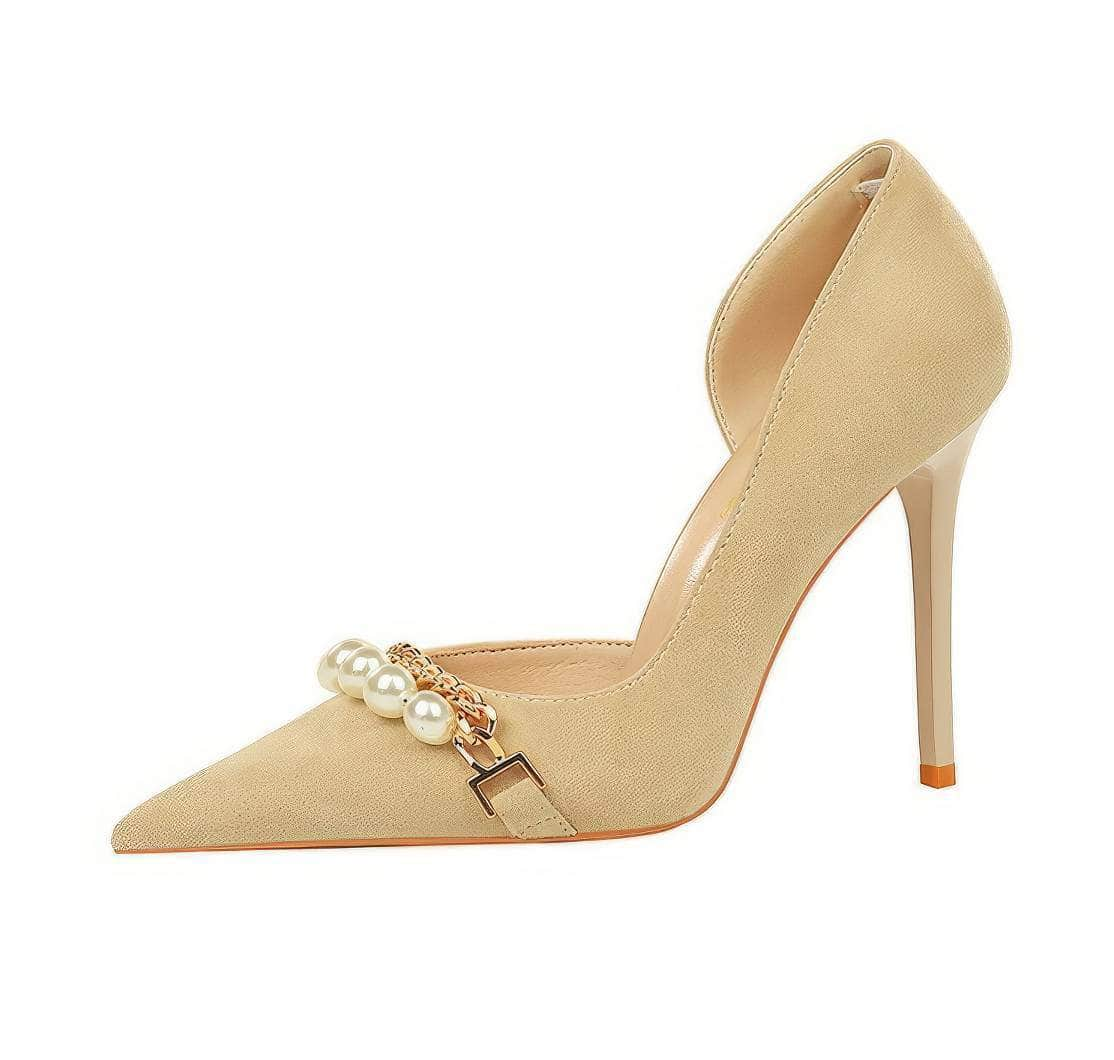 Pearl Chain Detailed Suede High Heels EU 33 / Wheat / 7CM