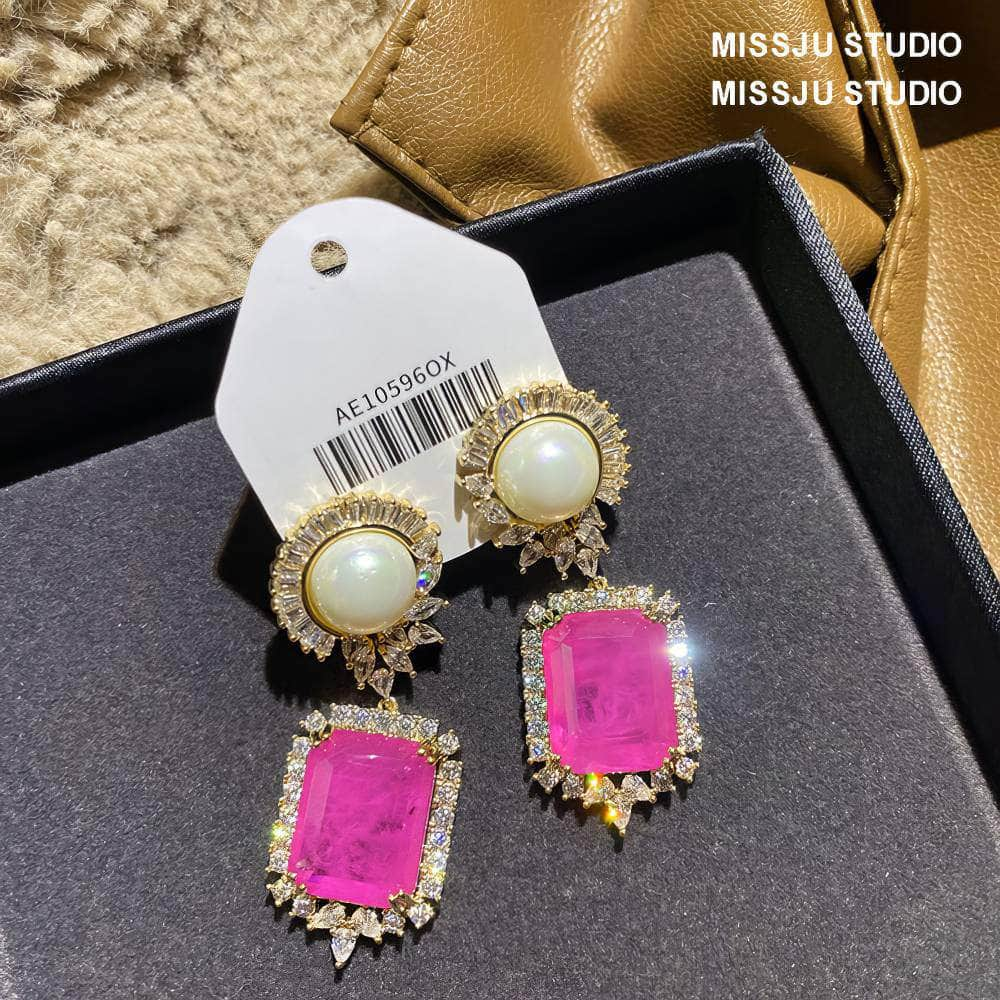 Pearl Crystal Studded Dangle Hot Pink Earrings Pink