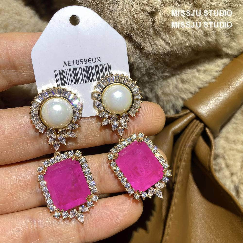 Pearl Crystal Studded Dangle Hot Pink Earrings Pink