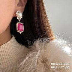 Pearl Crystal Studded Dangle Hot Pink Earrings Pink