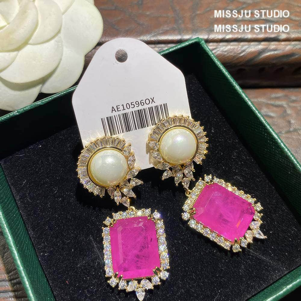 Pearl Crystal Studded Dangle Hot Pink Earrings Pink