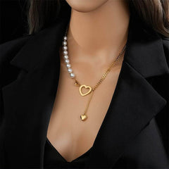 Pearl Cutout Heart Long Pendant Necklace N1788