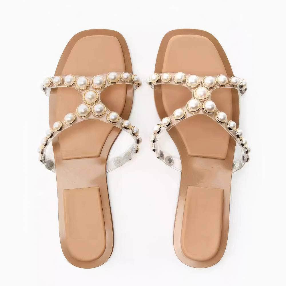 Pearl Decorated Slides Flat Slippers