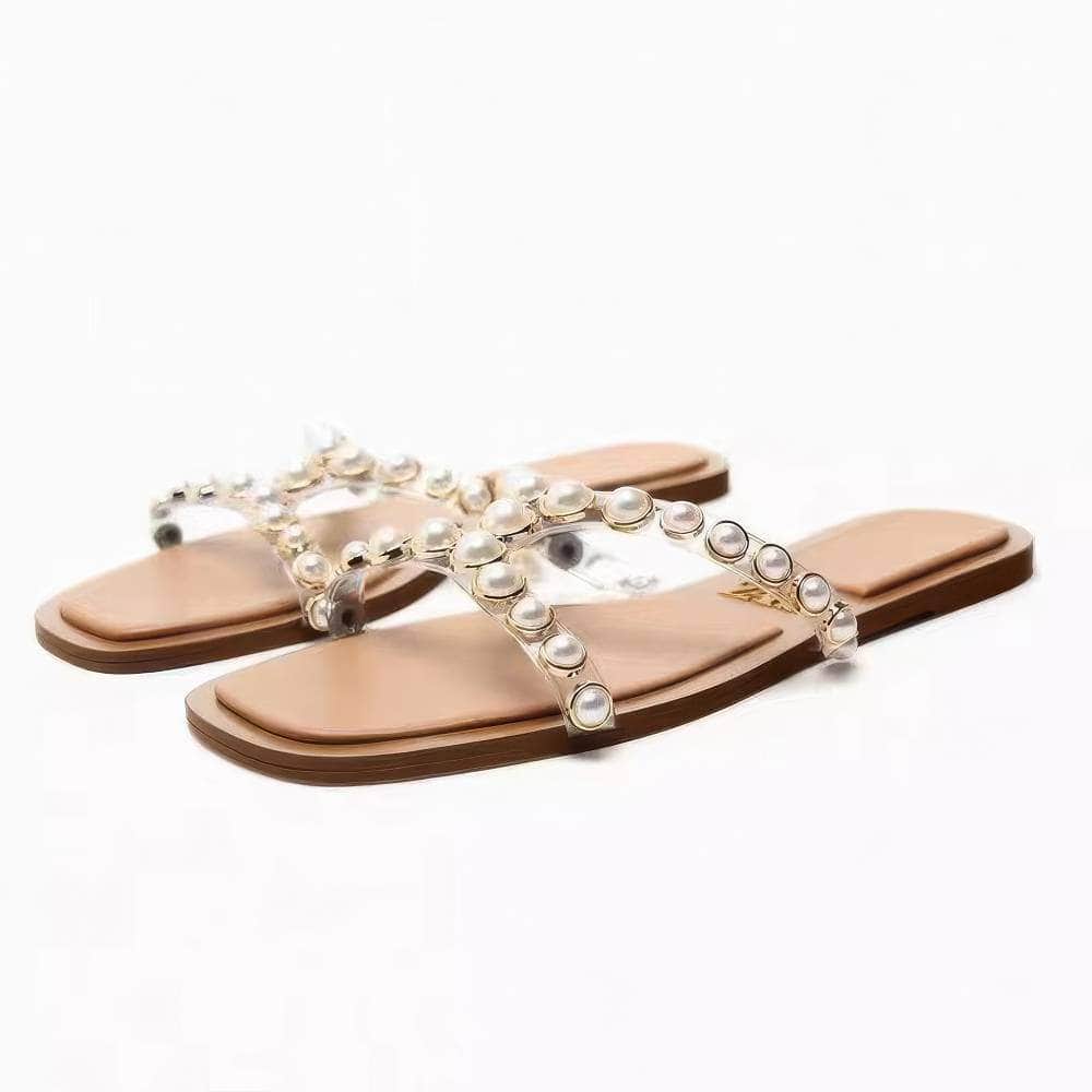 Pearl Decorated Slides Flat Slippers EU 34 / Brown