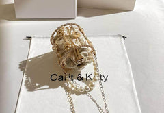 Pearl Detailed Evening Clutch Rhinestone Bag Gold