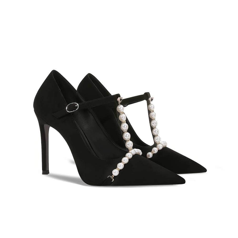 Pearl Detailed Pointy Toe Ankle Strap Heels EU 32 / Black / 6CM