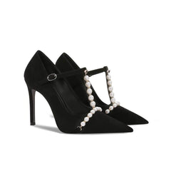 Pearl Detailed Pointy Toe Ankle Strap Heels EU 32 / Black / 6CM