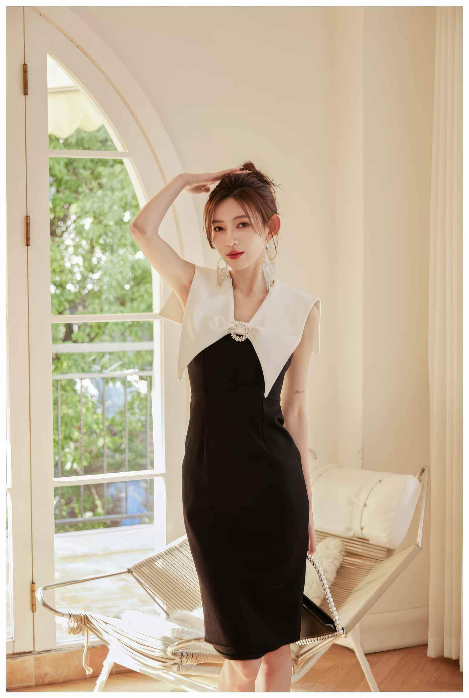 Pearl-Embellished Asymmetric Sleeveless Dress