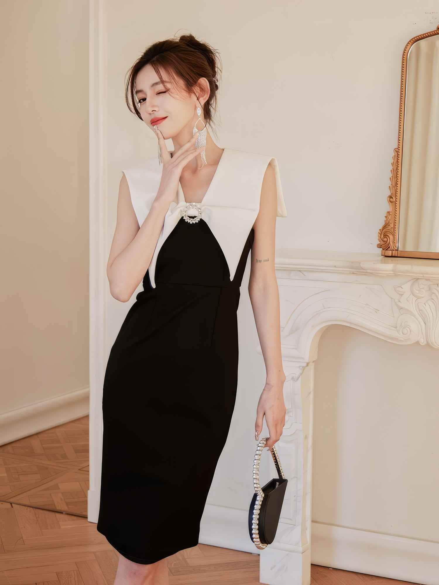 Pearl-Embellished Asymmetric Sleeveless Dress