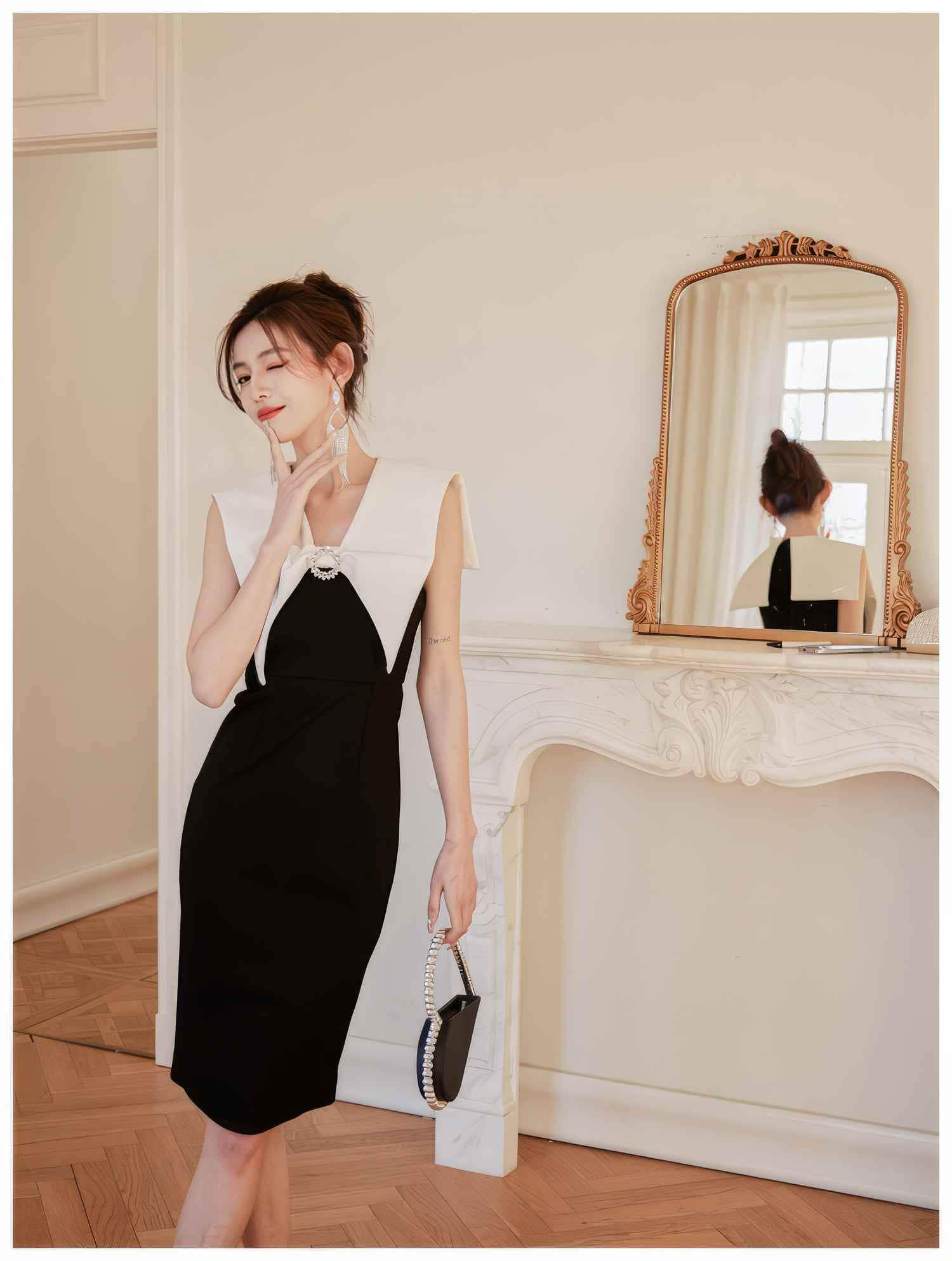 Pearl-Embellished Asymmetric Sleeveless Dress