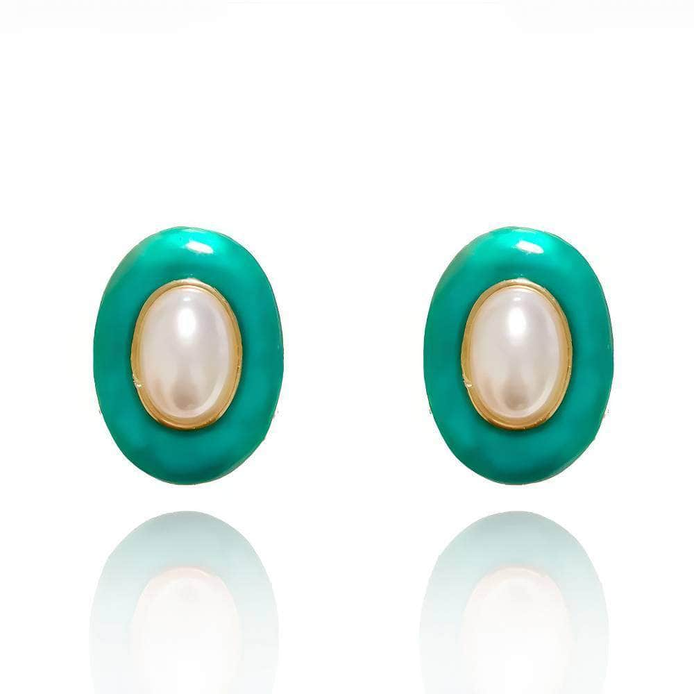 Pearl Embellished Oval Enamel Gold-Toned Earrings Green / Clip On