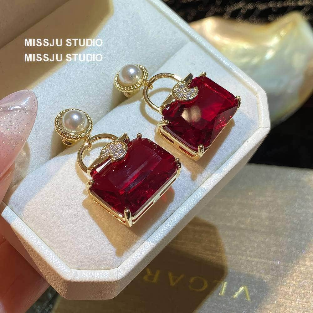 Pearl Embellished Ruby Gemstone Square Earrings Red