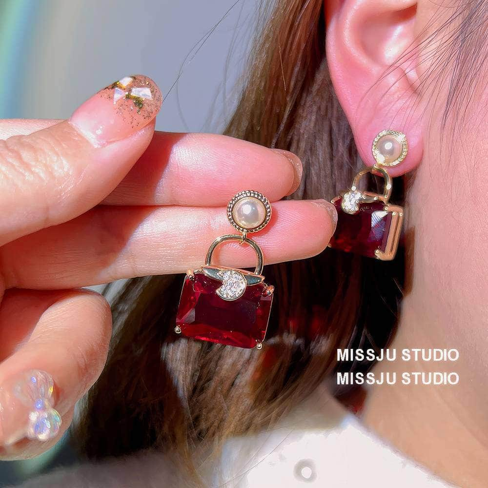 Pearl Embellished Ruby Gemstone Square Earrings Red