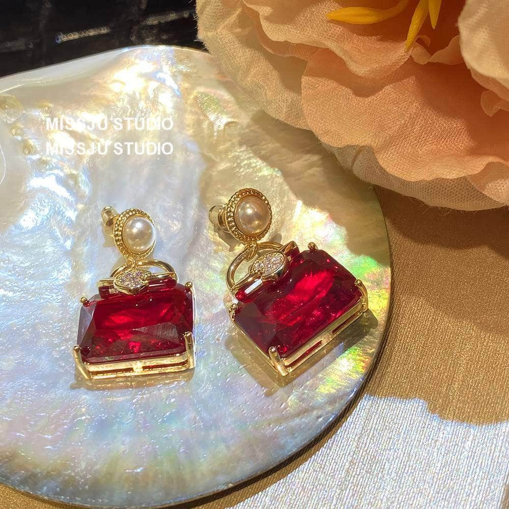 Pearl Embellished Ruby Gemstone Square Earrings Red