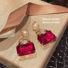 Pearl Embellished Ruby Gemstone Square Earrings Red