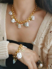 Pearl Pendant Link Chain Baroque Necklace Gold / Bracelet