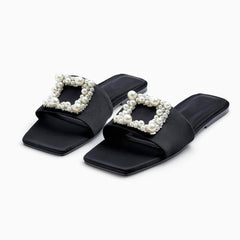 Pearl Rhinestone Decor Slide In Flat Mules EU 34 / Black