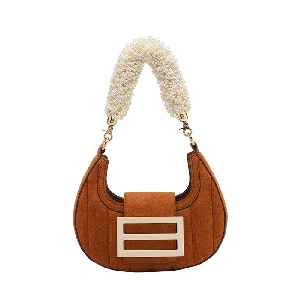 Pearly Chunky Handle Suede Baguette Bag