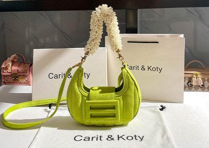 Pearly Chunky Handle Suede Baguette Bag Green