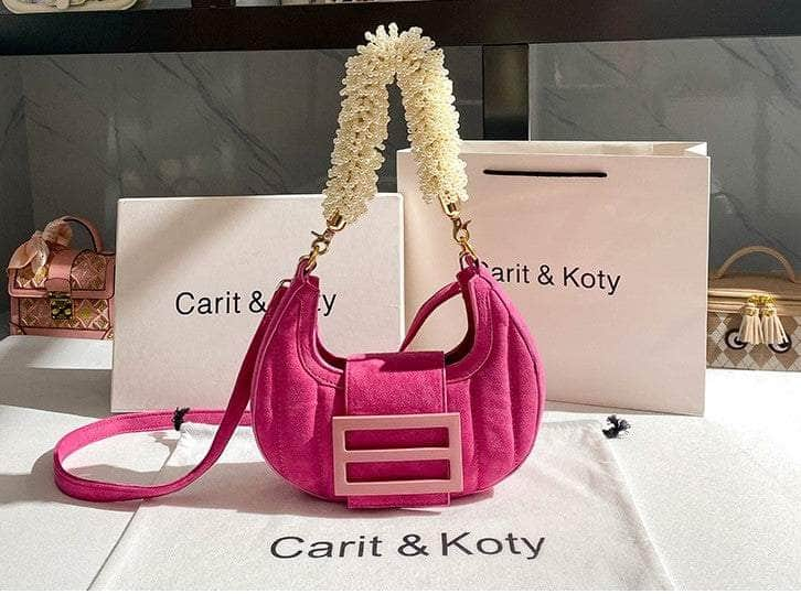 Pearly Chunky Handle Suede Baguette Bag Pink