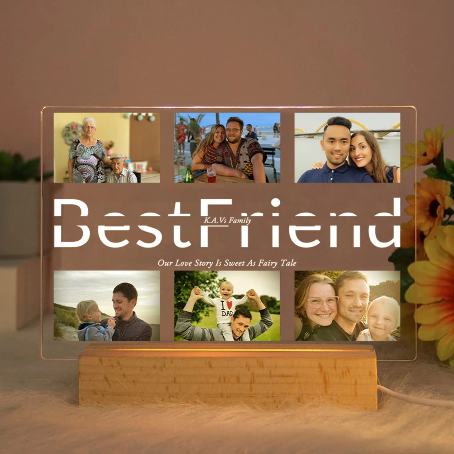 Personalized Acrylic Lamp with Custom Photo and Text - Ideal Bedroom Night Light for MOM DAD LOVE Friend Family Day Wedding Birthday Gift Present BestFriend / Warm Light