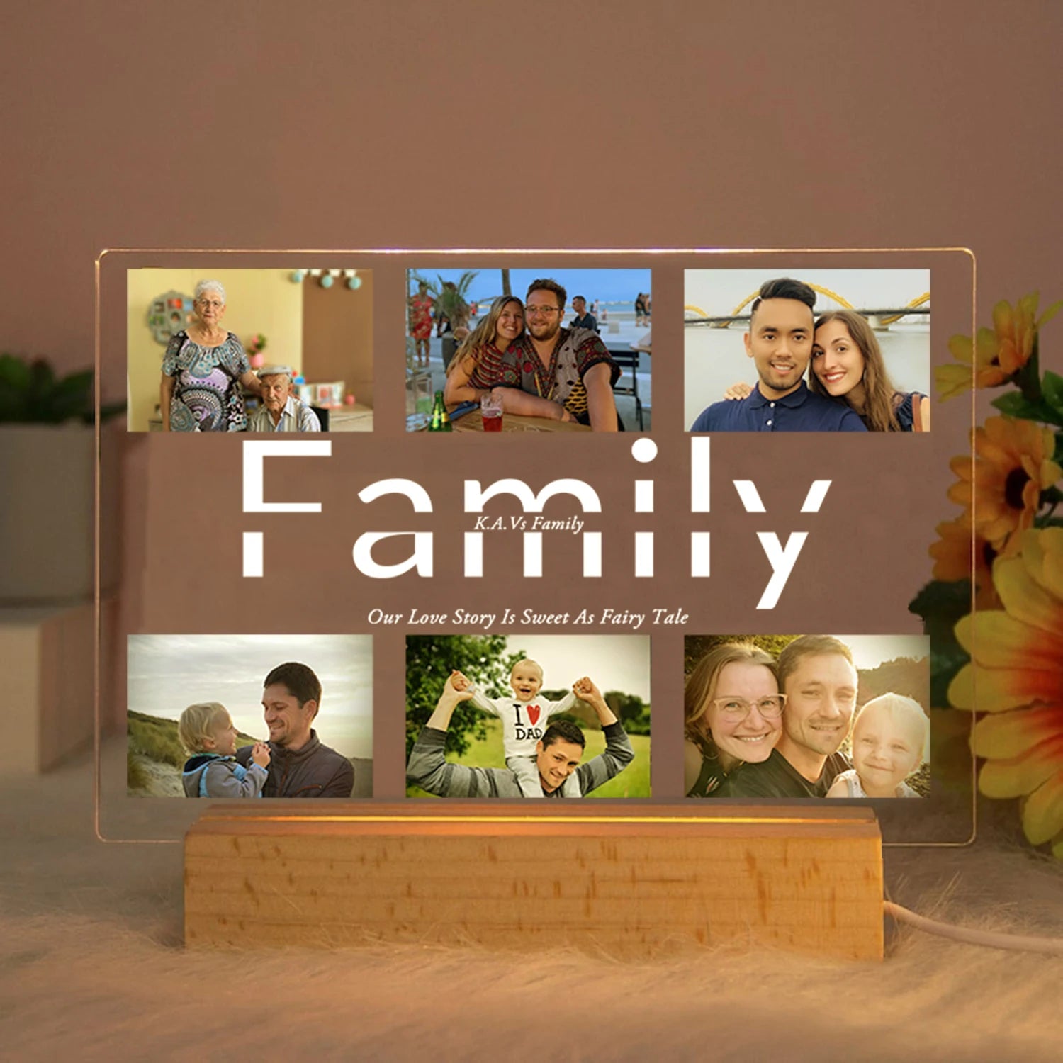 Personalized Acrylic Lamp with Custom Photo and Text - Ideal Bedroom Night Light for MOM DAD LOVE Friend Family Day Wedding Birthday Gift Present Family / Warm Light