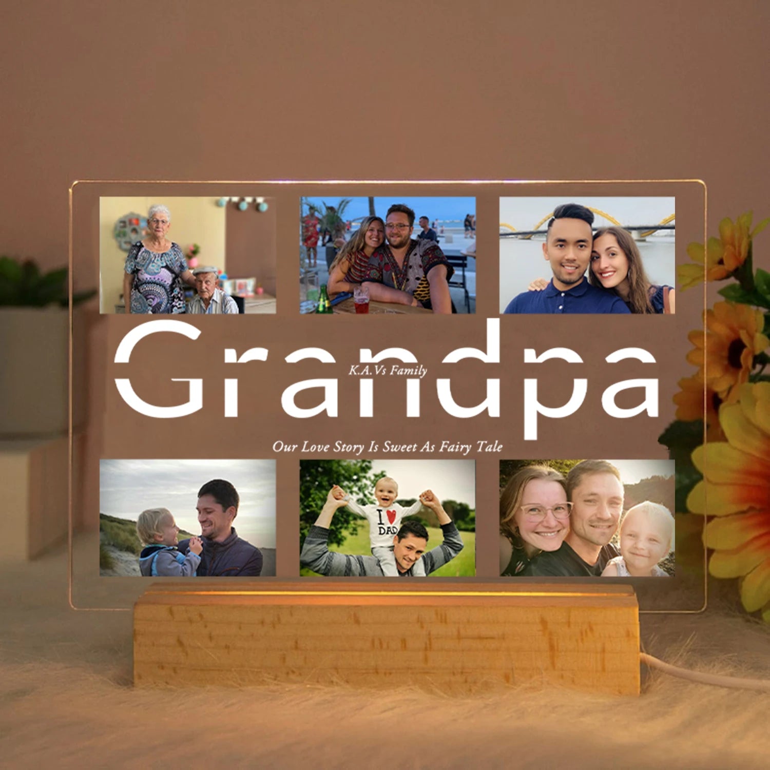 Personalized Acrylic Lamp with Custom Photo and Text - Ideal Bedroom Night Light for MOM DAD LOVE Friend Family Day Wedding Birthday Gift Present Grandpa / Warm Light