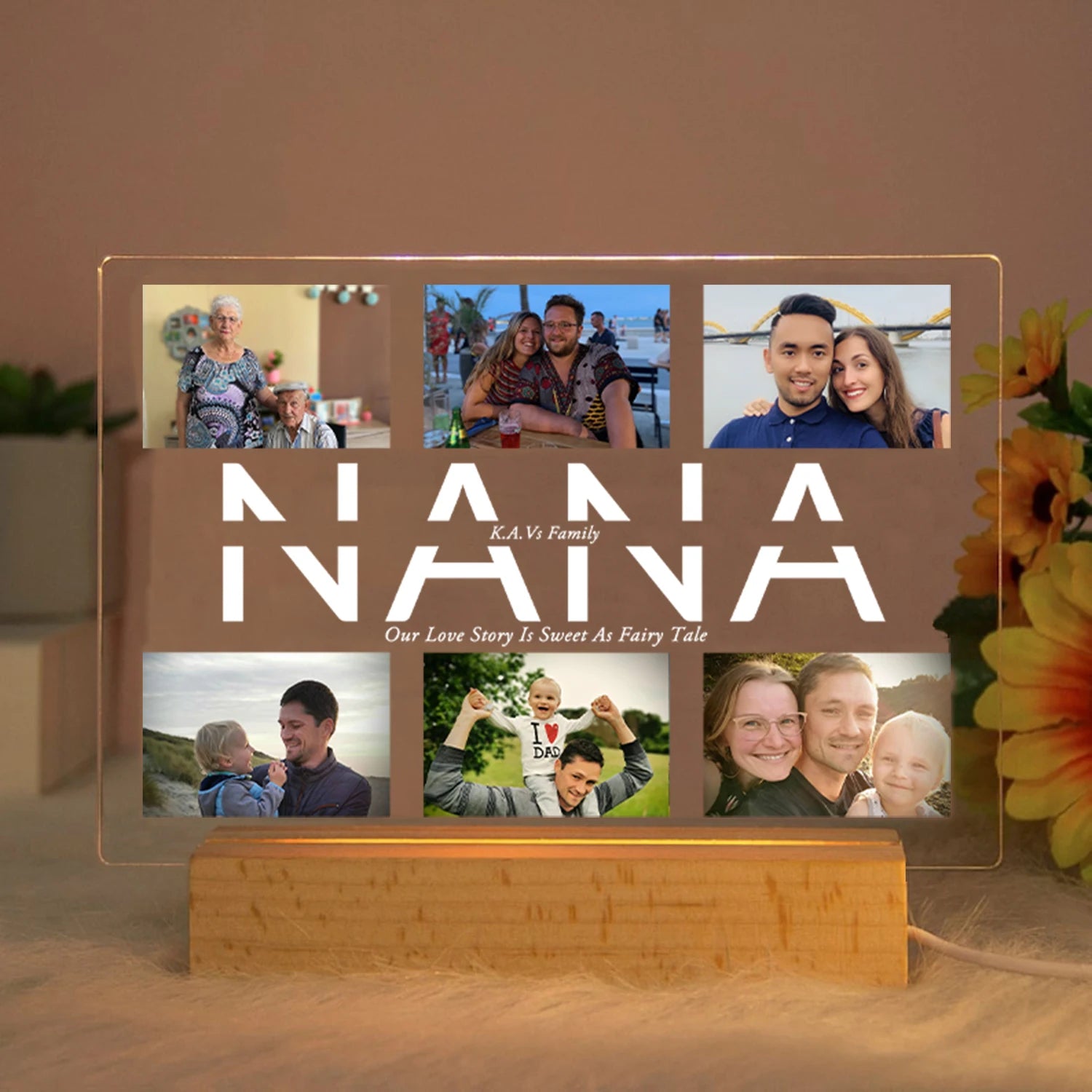 Personalized Acrylic Lamp with Custom Photo and Text - Ideal Bedroom Night Light for MOM DAD LOVE Friend Family Day Wedding Birthday Gift Present NANA / Warm Light