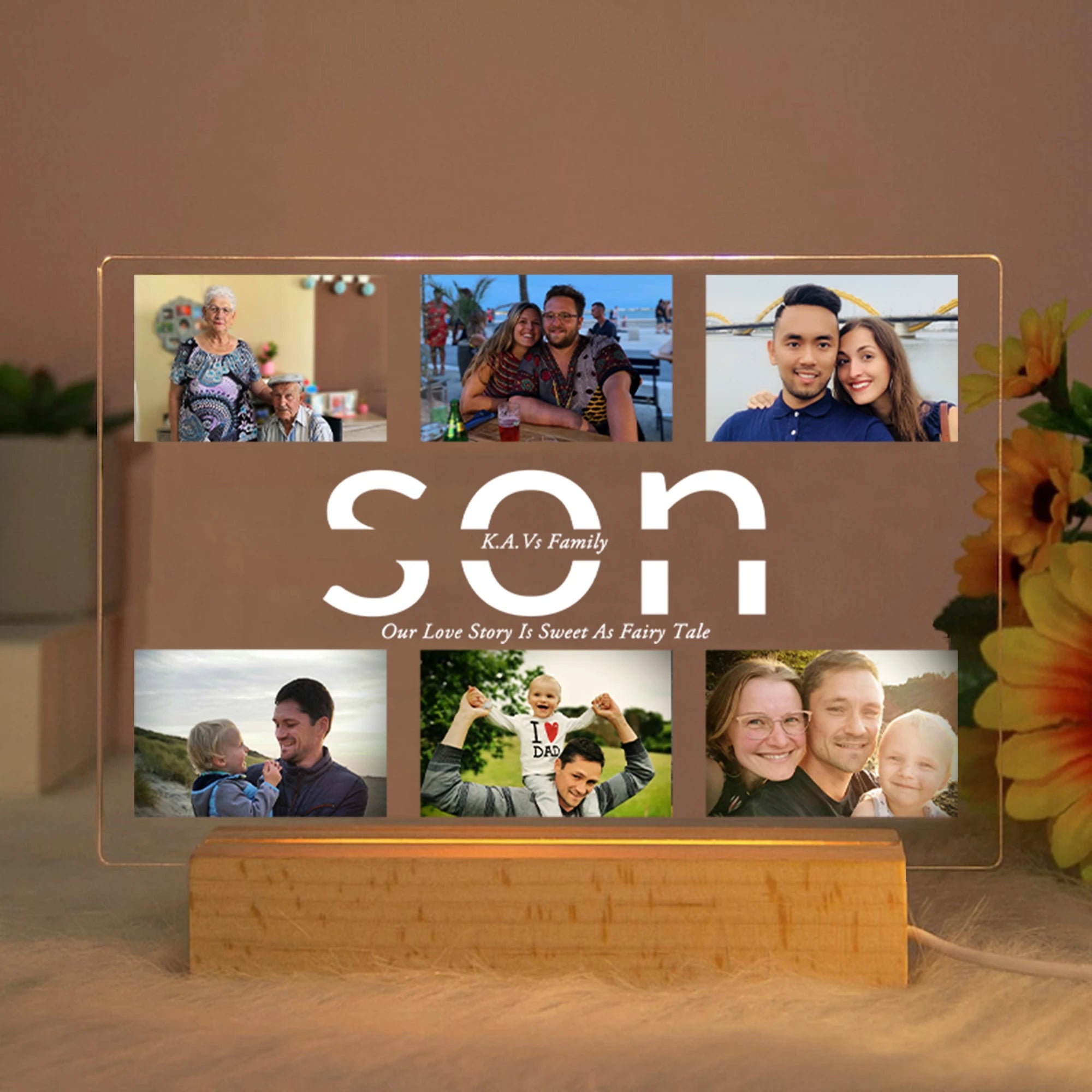 Personalized Acrylic Lamp with Custom Photo and Text - Ideal Bedroom Night Light for MOM DAD LOVE Friend Family Day Wedding Birthday Gift Present SON / Warm Light