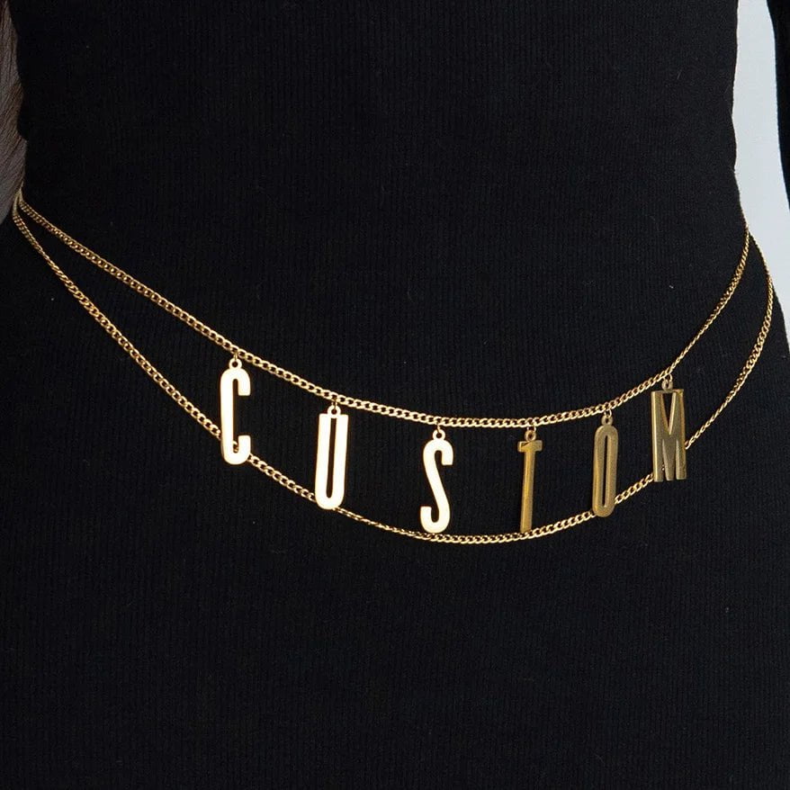 Personalized Custom Name Waist Chain for Women - Stainless Steel, 2-Layer Sexy Body Chain with Big Letter Pendant 2 layer / Silver Color