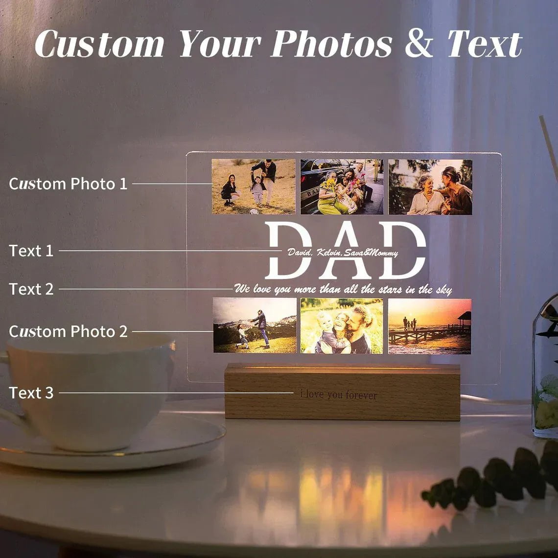 Personalized Custom Photo Text 3D Acrylic Lamp - Customized Bedroom Night Light for MOM DAD LOVE Family Day Christmas Birthday Gift