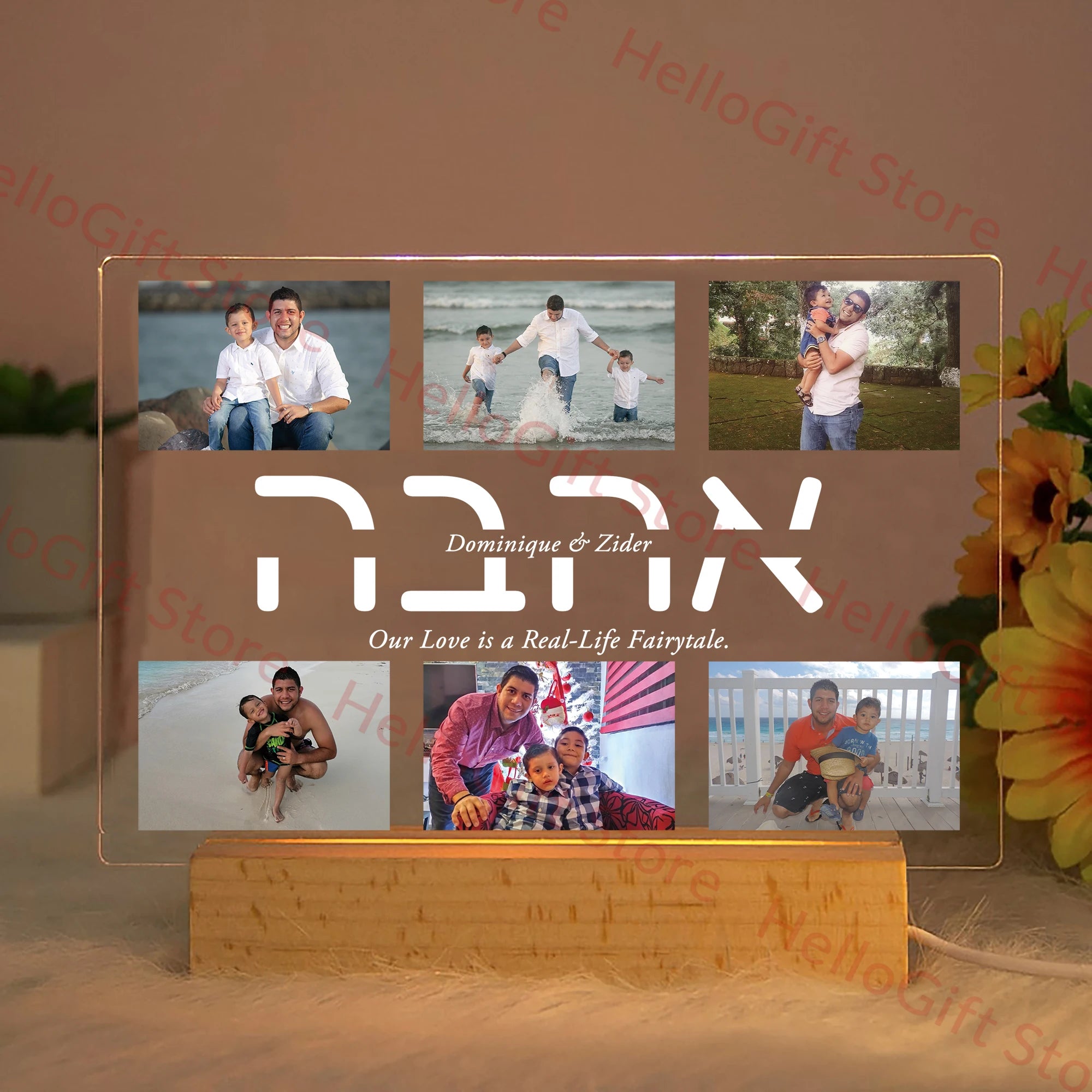 Personalized Custom Photo Text 3D Acrylic Lamp - Customized Bedroom Night Light for MOM DAD LOVE Family Day Christmas Birthday Gift Warm Light / Love (Hebrew)