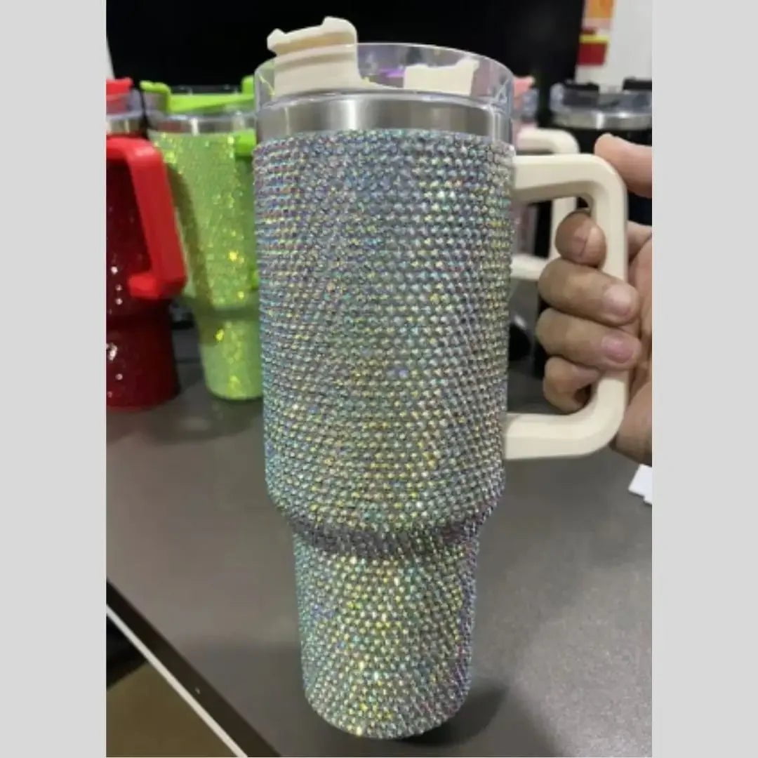 Personalized Rhinestone 40oz Stainless Steel Tumbler with Handle, Lid, and Straw No customize / AB colorful