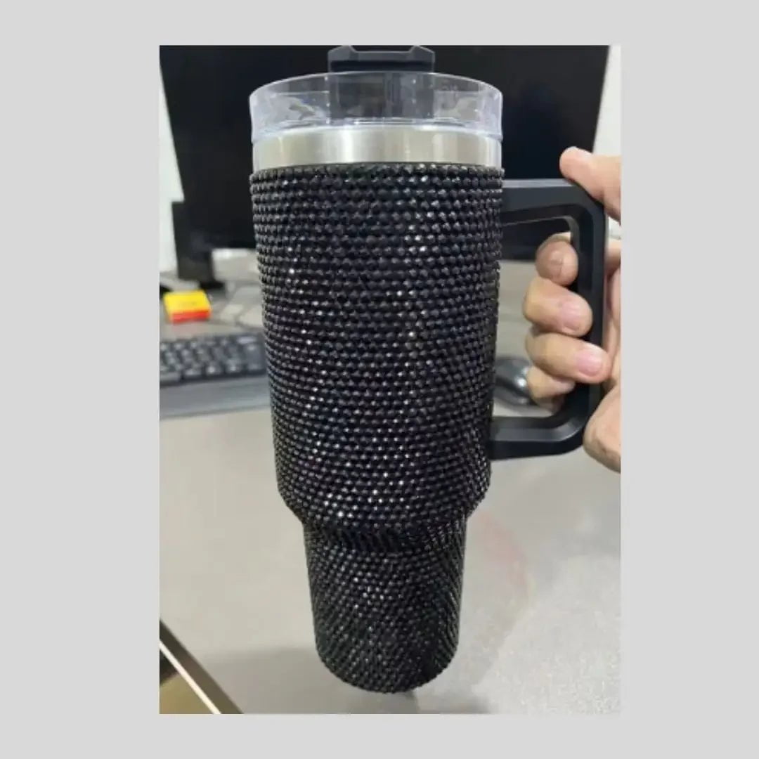 Personalized Rhinestone 40oz Stainless Steel Tumbler with Handle, Lid, and Straw No customize / black