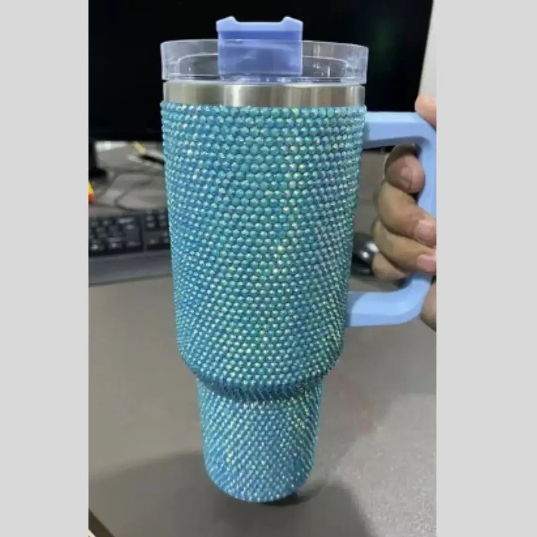 Personalized Rhinestone 40oz Stainless Steel Tumbler with Handle, Lid, and Straw No customize / Blue